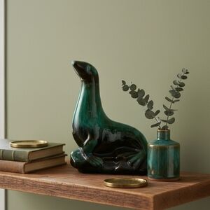 Blue Mountain Pottery Emerald Green Glaze Ceramic Seal Figurine Coastal Decor